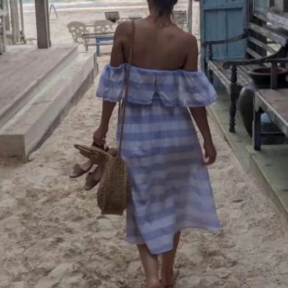 Lulu's Blue & White Striped Off The Shouler Midi - Picture 11 of 16